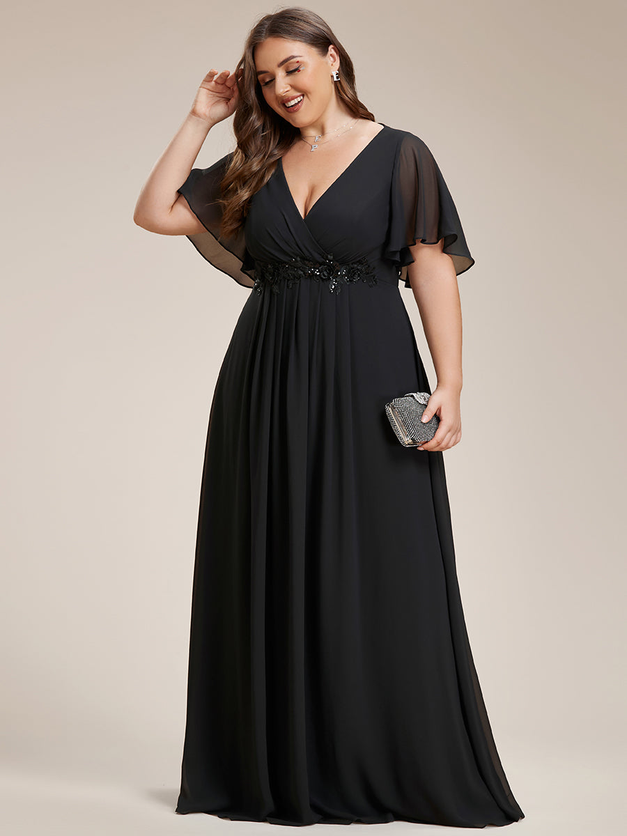 Color=Black | One Stop Shop Short Sleeve Ruffle Appliques Deep V-Neck A-Line Floor Length Evening Dresses-Black 10
