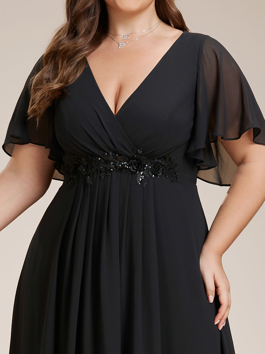 Color=Black | One Stop Shop Short Sleeve Ruffle Appliques Deep V-Neck A-Line Floor Length Evening Dresses-Black 8