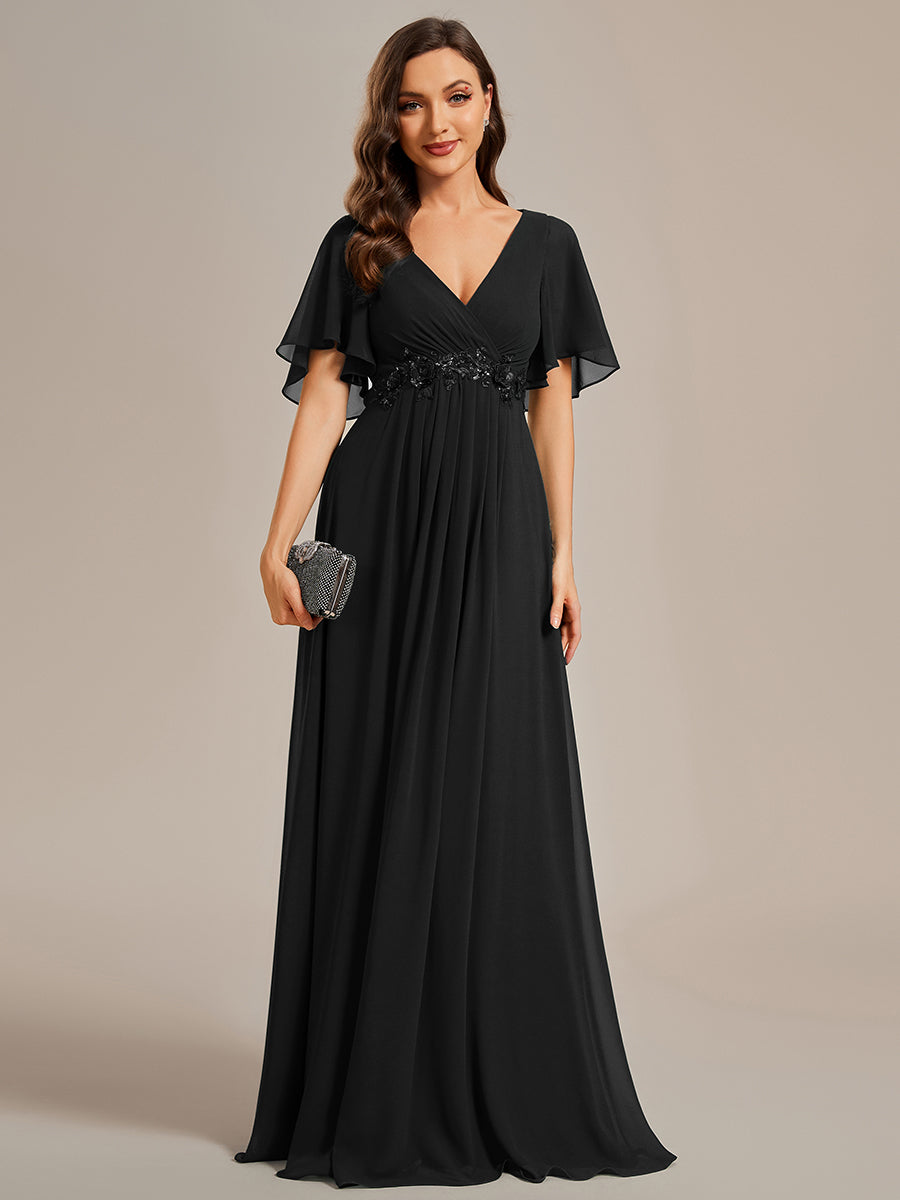 Color=Black | One Stop Shop Short Sleeve Ruffle Appliques Deep V-Neck A-Line Floor Length Evening Dresses-Black 1