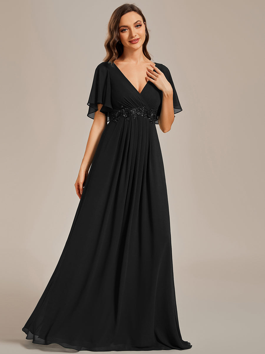 Color=Black | One Stop Shop Short Sleeve Ruffle Appliques Deep V-Neck A-Line Floor Length Evening Dresses-Black 4