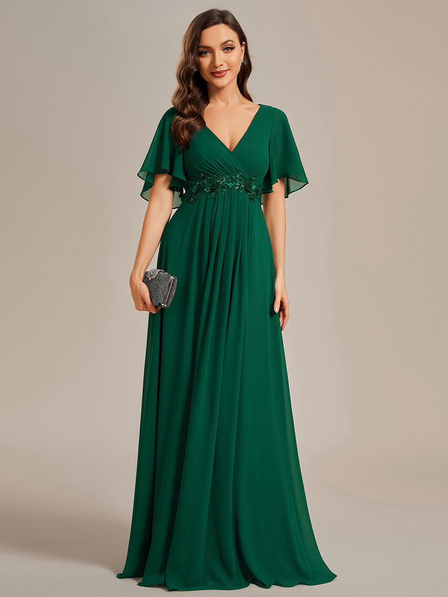 Color=Dark Green | Wholesale Pricing Short Sleeve Ruffle Appliques Deep V-Neck A-Line Floor Length Evening Dresses-Dark Green 11