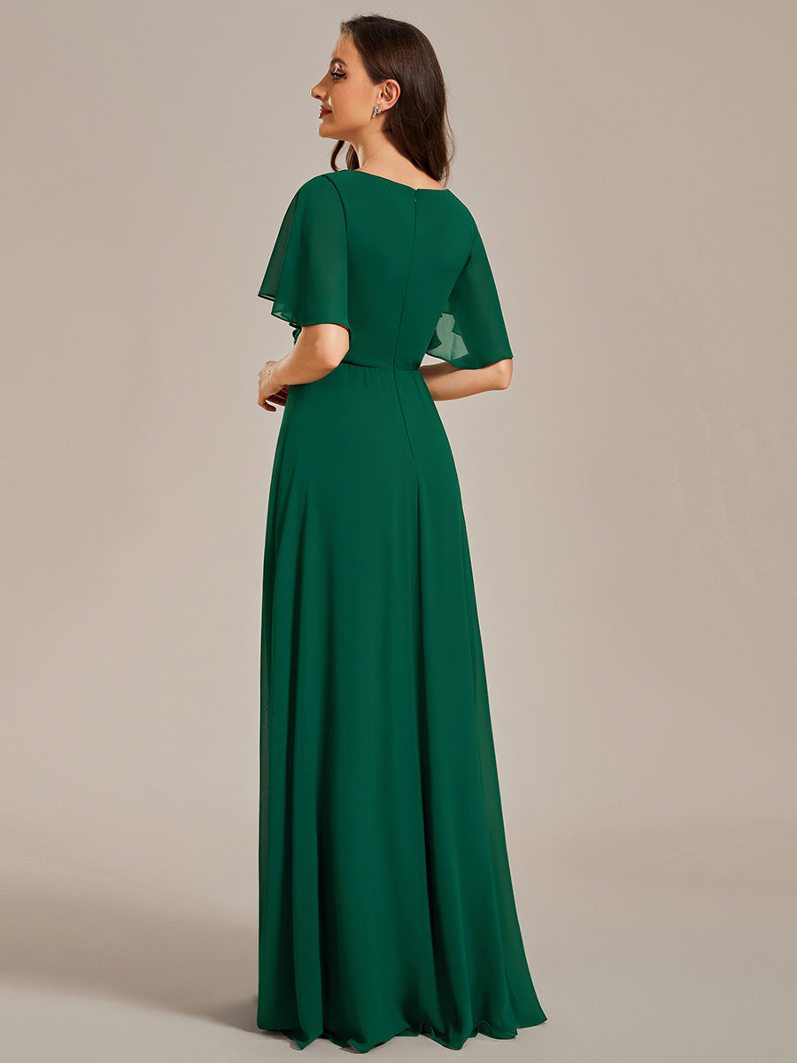 Color=Dark Green | Wholesale Pricing Short Sleeve Ruffle Appliques Deep V-Neck A-Line Floor Length Evening Dresses-Dark Green 12