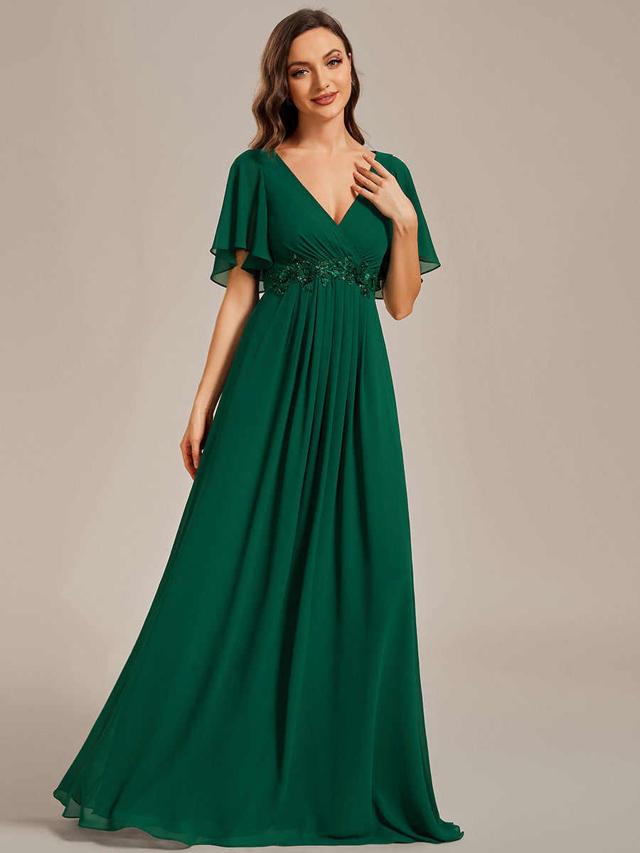 Color=Dark Green | Wholesale Pricing Short Sleeve Ruffle Appliques Deep V-Neck A-Line Floor Length Evening Dresses-Dark Green 14