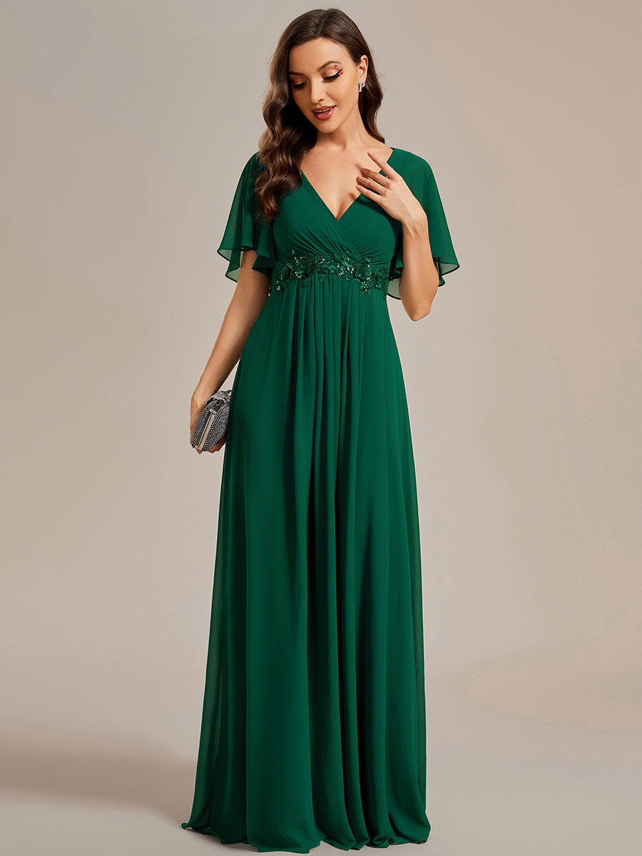 Color=Dark Green | Wholesale Pricing Short Sleeve Ruffle Appliques Deep V-Neck A-Line Floor Length Evening Dresses-Dark Green 15