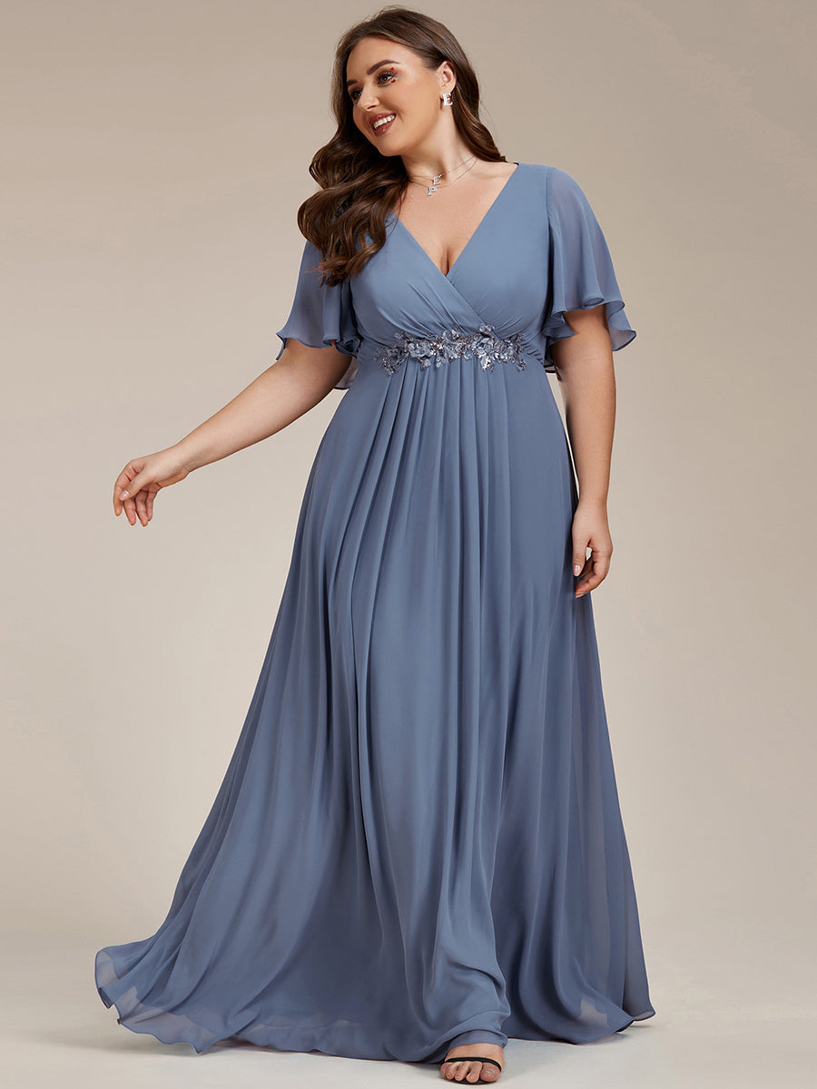 Color=Dusty Blue | Wholesale Pricing Short Sleeve Ruffle Appliques Deep V-Neck A-Line Floor Length Evening Dresses-Dusty Blue 21