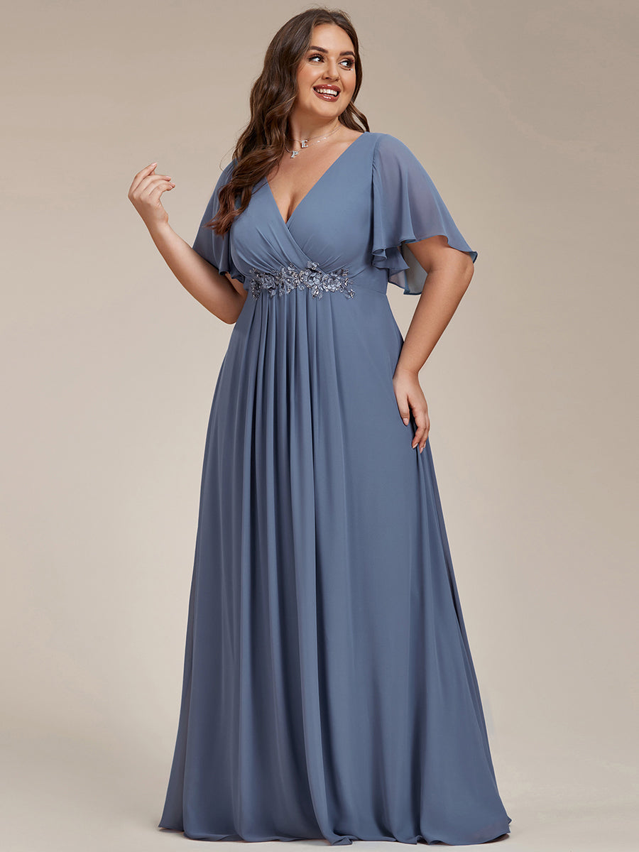Color=Dusty Blue | Wholesale Pricing Short Sleeve Ruffle Appliques Deep V-Neck A-Line Floor Length Evening Dresses-Dusty Blue 24