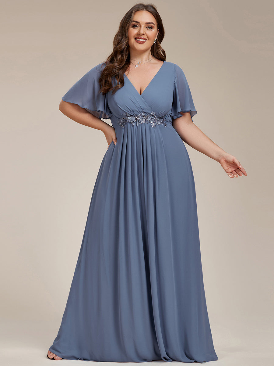 Color=Dusty Blue | Wholesale Pricing Short Sleeve Ruffle Appliques Deep V-Neck A-Line Floor Length Evening Dresses-Dusty Blue 25