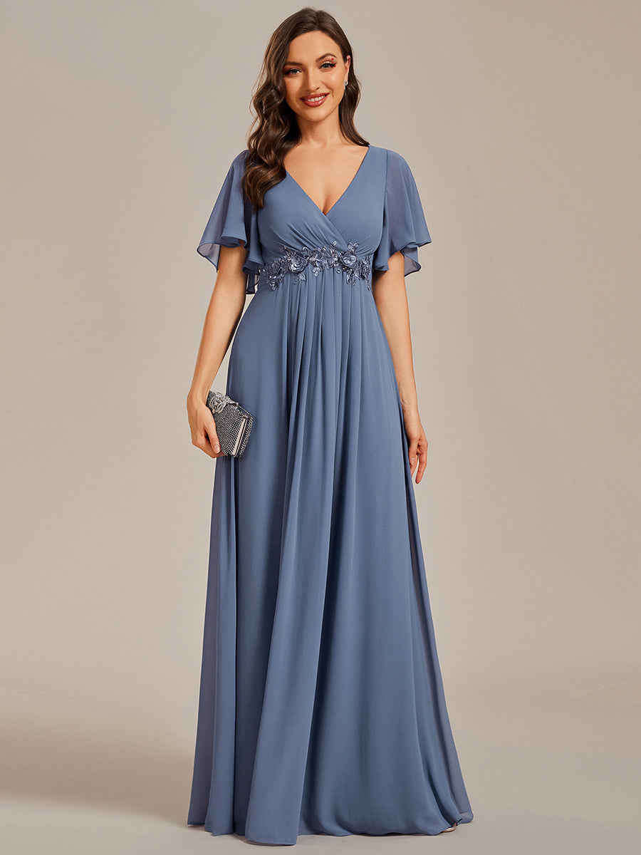 Color=Dusty Blue | Wholesale Pricing Short Sleeve Ruffle Appliques Deep V-Neck A-Line Floor Length Evening Dresses-Dusty Blue 16