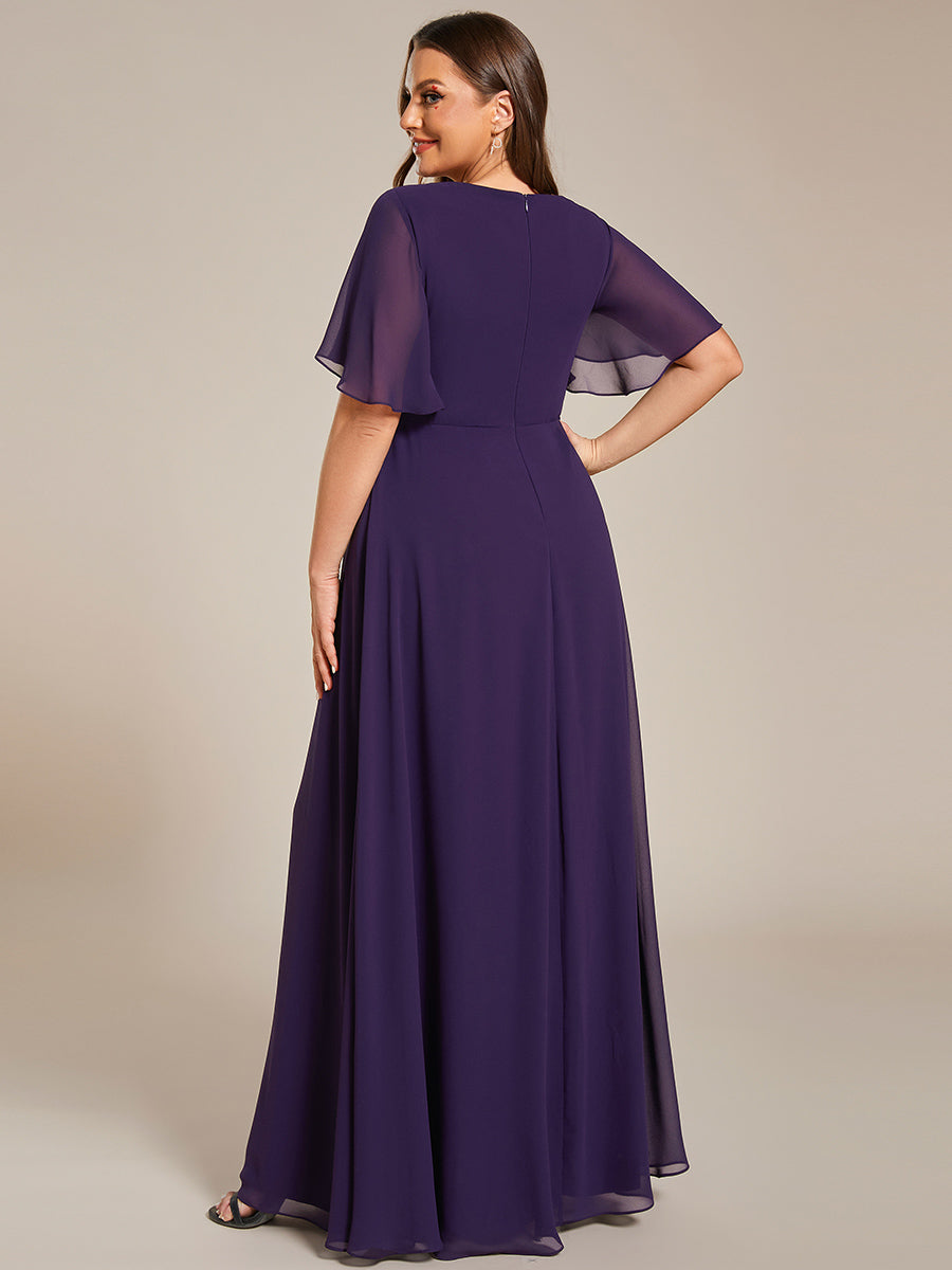 Color=Dark Purple | Wholesale Pricing Short Sleeve Ruffle Appliques Deep V-Neck A-Line Floor Length Evening Dresses-Dark Purple 32