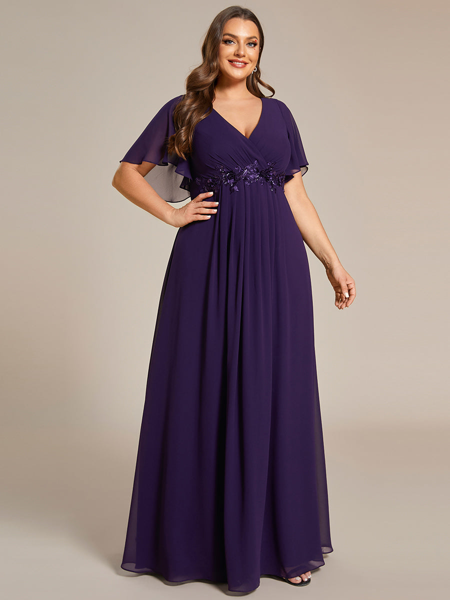 Color=Dark Purple | Wholesale Pricing Short Sleeve Ruffle Appliques Deep V-Neck A-Line Floor Length Evening Dresses-Dark Purple 35