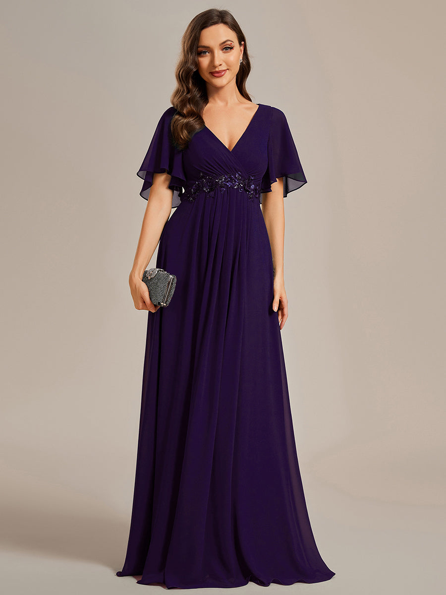 Color=Dark Purple | Wholesale Pricing Short Sleeve Ruffle Appliques Deep V-Neck A-Line Floor Length Evening Dresses-Dark Purple 26