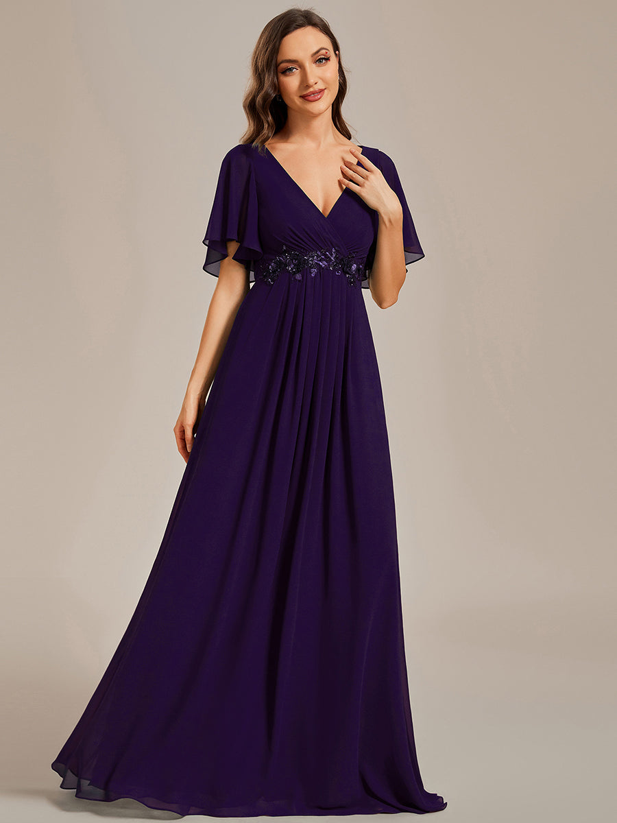 Color=Dark Purple | Wholesale Pricing Short Sleeve Ruffle Appliques Deep V-Neck A-Line Floor Length Evening Dresses-Dark Purple 29
