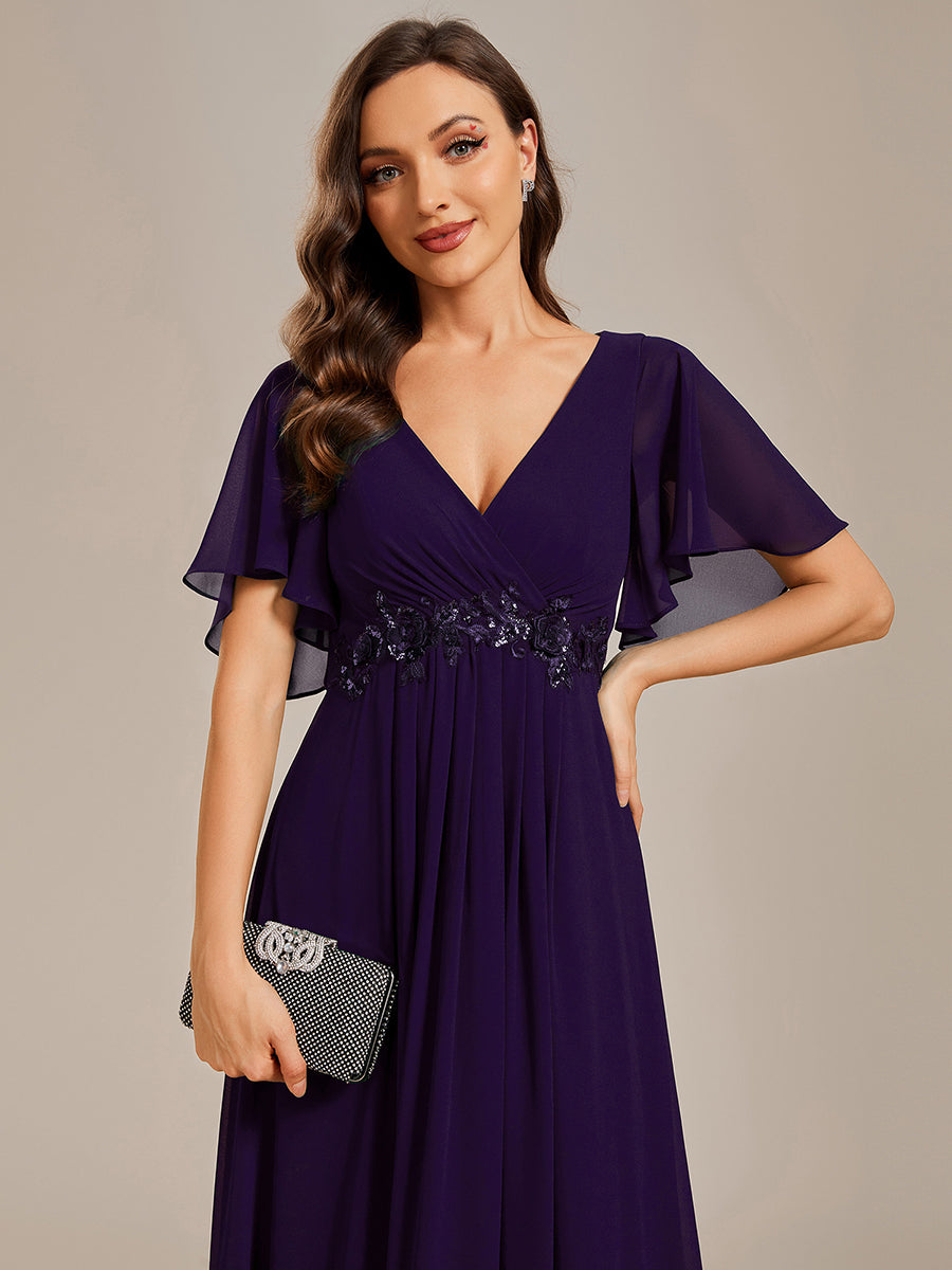Color=Dark Purple | Wholesale Pricing Short Sleeve Ruffle Appliques Deep V-Neck A-Line Floor Length Evening Dresses-Dark Purple 28