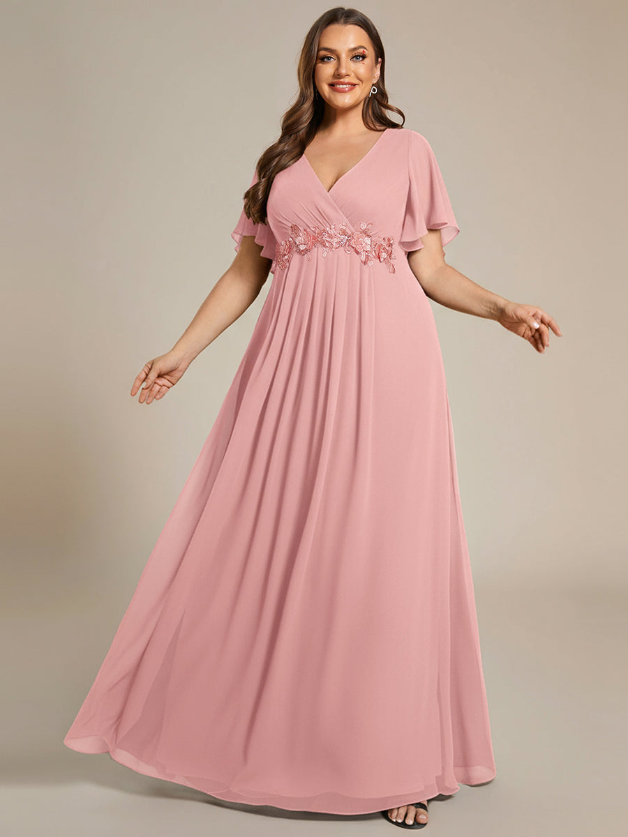 Color=Dusty Rose | Wholesale Pricing Short Sleeve Ruffle Appliques Deep V-Neck A-Line Floor Length Evening Dresses-Dusty Rose 41