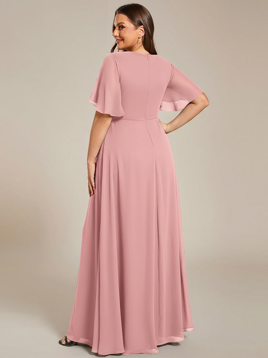 Color=Dusty Rose | Wholesale Pricing Short Sleeve Ruffle Appliques Deep V-Neck A-Line Floor Length Evening Dresses-Dusty Rose 42