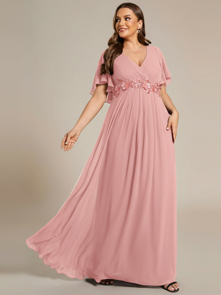 Color=Dusty Rose | Wholesale Pricing Short Sleeve Ruffle Appliques Deep V-Neck A-Line Floor Length Evening Dresses-Dusty Rose 44
