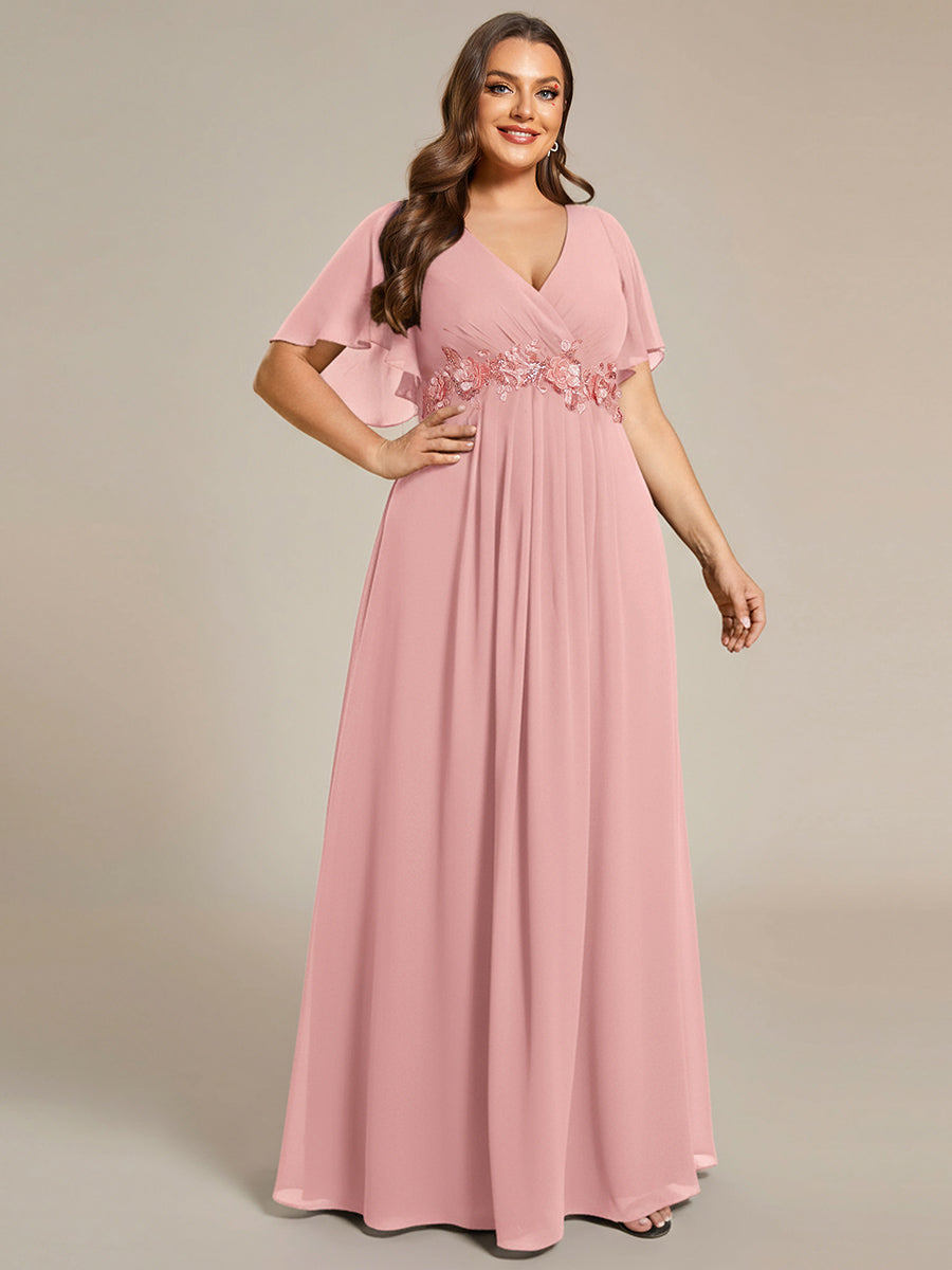 Color=Dusty Rose | Wholesale Pricing Short Sleeve Ruffle Appliques Deep V-Neck A-Line Floor Length Evening Dresses-Dusty Rose 45