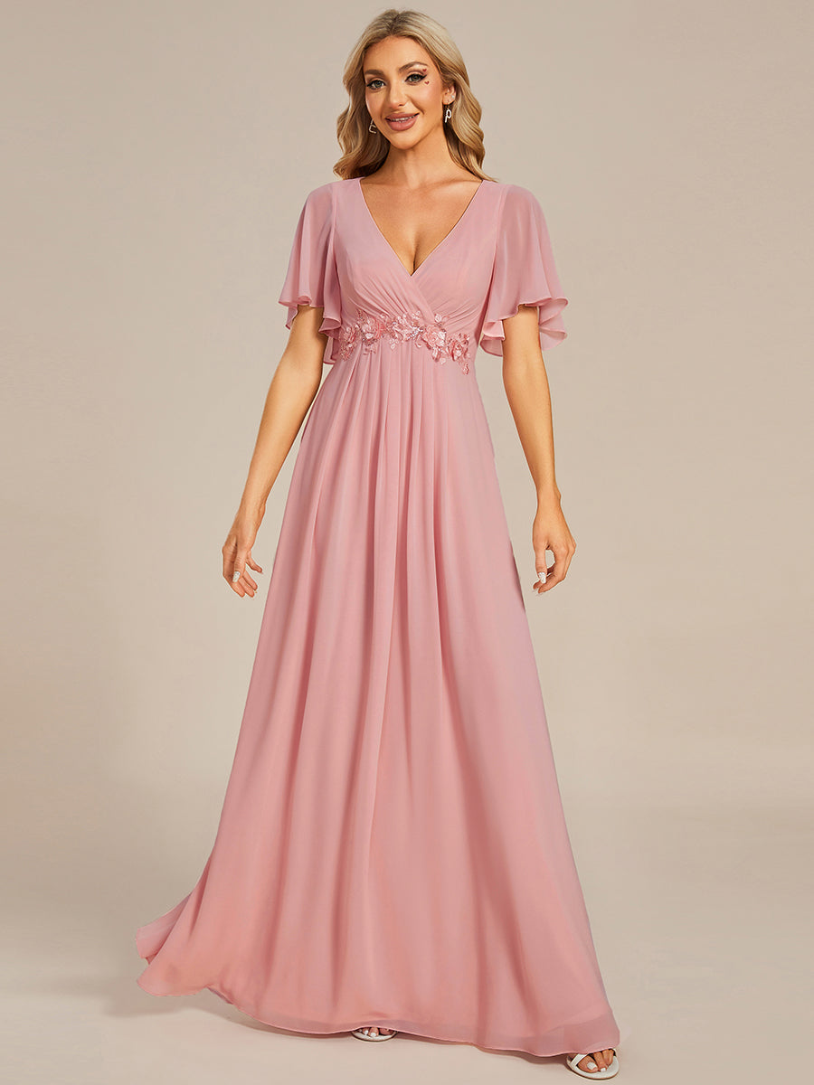 Color=Dusty Rose | Wholesale Pricing Short Sleeve Ruffle Appliques Deep V-Neck A-Line Floor Length Evening Dresses-Dusty Rose 36
