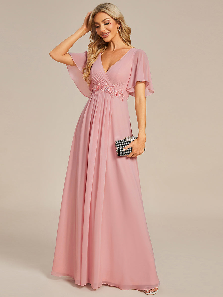 Color=Dusty Rose | Wholesale Pricing Short Sleeve Ruffle Appliques Deep V-Neck A-Line Floor Length Evening Dresses-Dusty Rose 40