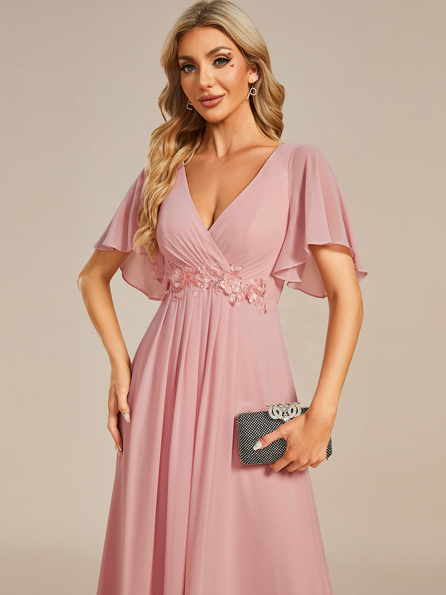 Color=Dusty Rose | Wholesale Pricing Short Sleeve Ruffle Appliques Deep V-Neck A-Line Floor Length Evening Dresses-Dusty Rose 38