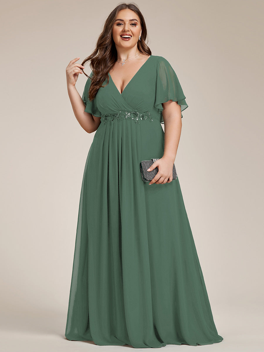 Color=Eucalyptus | Wholesale Pricing Short Sleeve Ruffle Appliques Deep V-Neck A-Line Floor Length Evening Dresses-Eucalyptus 51