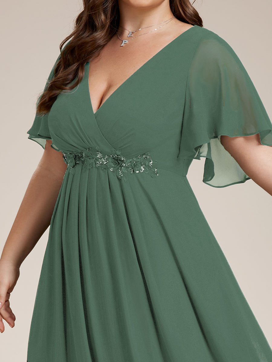Color=Eucalyptus | Wholesale Pricing Short Sleeve Ruffle Appliques Deep V-Neck A-Line Floor Length Evening Dresses-Eucalyptus 53