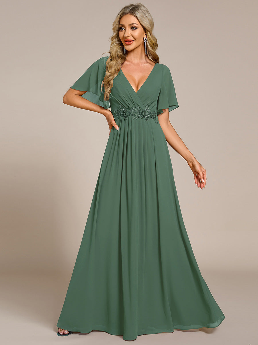Color=Eucalyptus | Wholesale Pricing Short Sleeve Ruffle Appliques Deep V-Neck A-Line Floor Length Evening Dresses-Eucalyptus 49