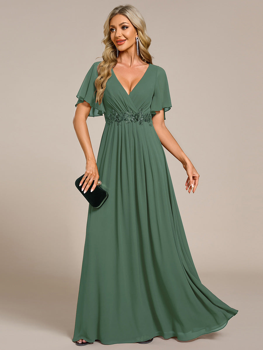 Color=Eucalyptus | Wholesale Pricing Short Sleeve Ruffle Appliques Deep V-Neck A-Line Floor Length Evening Dresses-Eucalyptus 50
