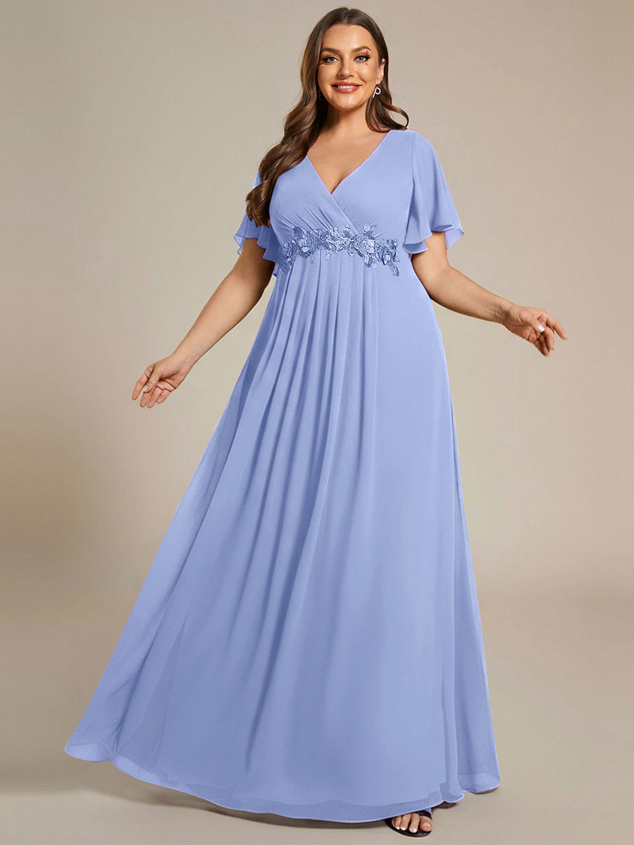 Color=Cornflower Blue | Industrial Use Short Sleeve Ruffle A-Line Floor Length Non-Stretch Evening Dresses-Cornflower Blue 6