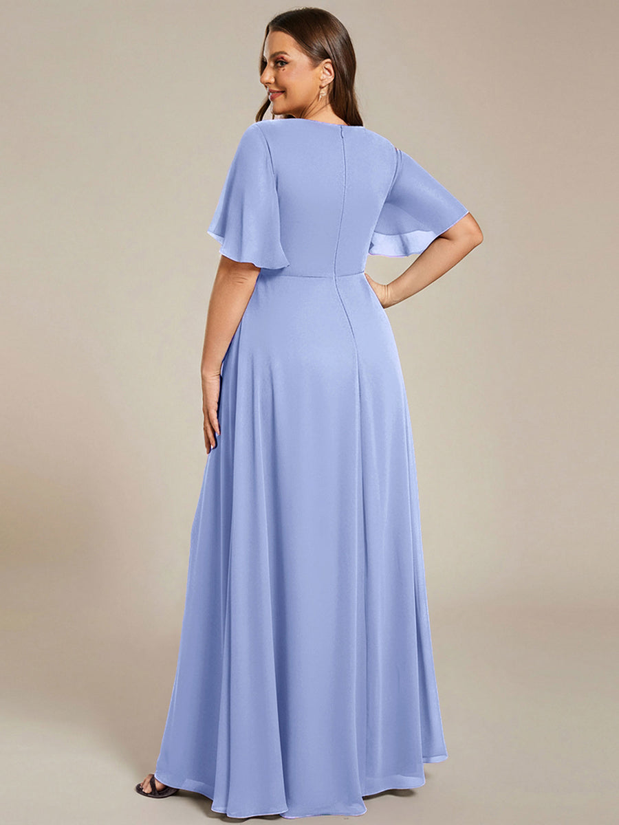 Color=Cornflower Blue | Industrial Use Short Sleeve Ruffle A-Line Floor Length Non-Stretch Evening Dresses-Cornflower Blue 7