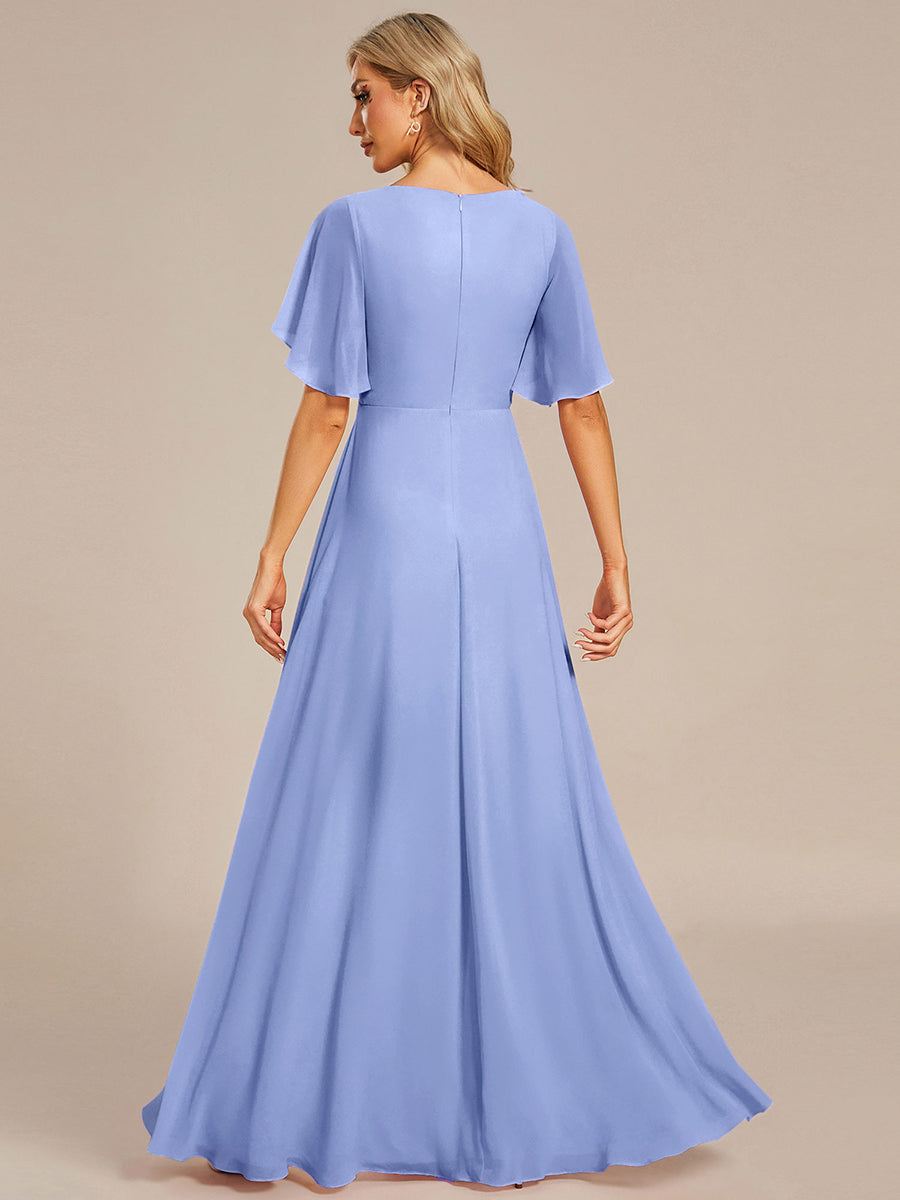 Color=Cornflower Blue | Industrial Use Short Sleeve Ruffle A-Line Floor Length Non-Stretch Evening Dresses-Cornflower Blue 2