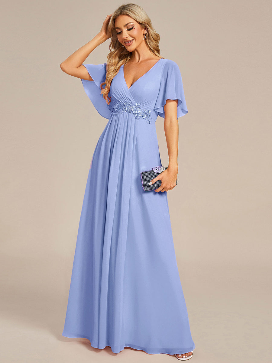 Color=Cornflower Blue | Industrial Use Short Sleeve Ruffle A-Line Floor Length Non-Stretch Evening Dresses-Cornflower Blue 5