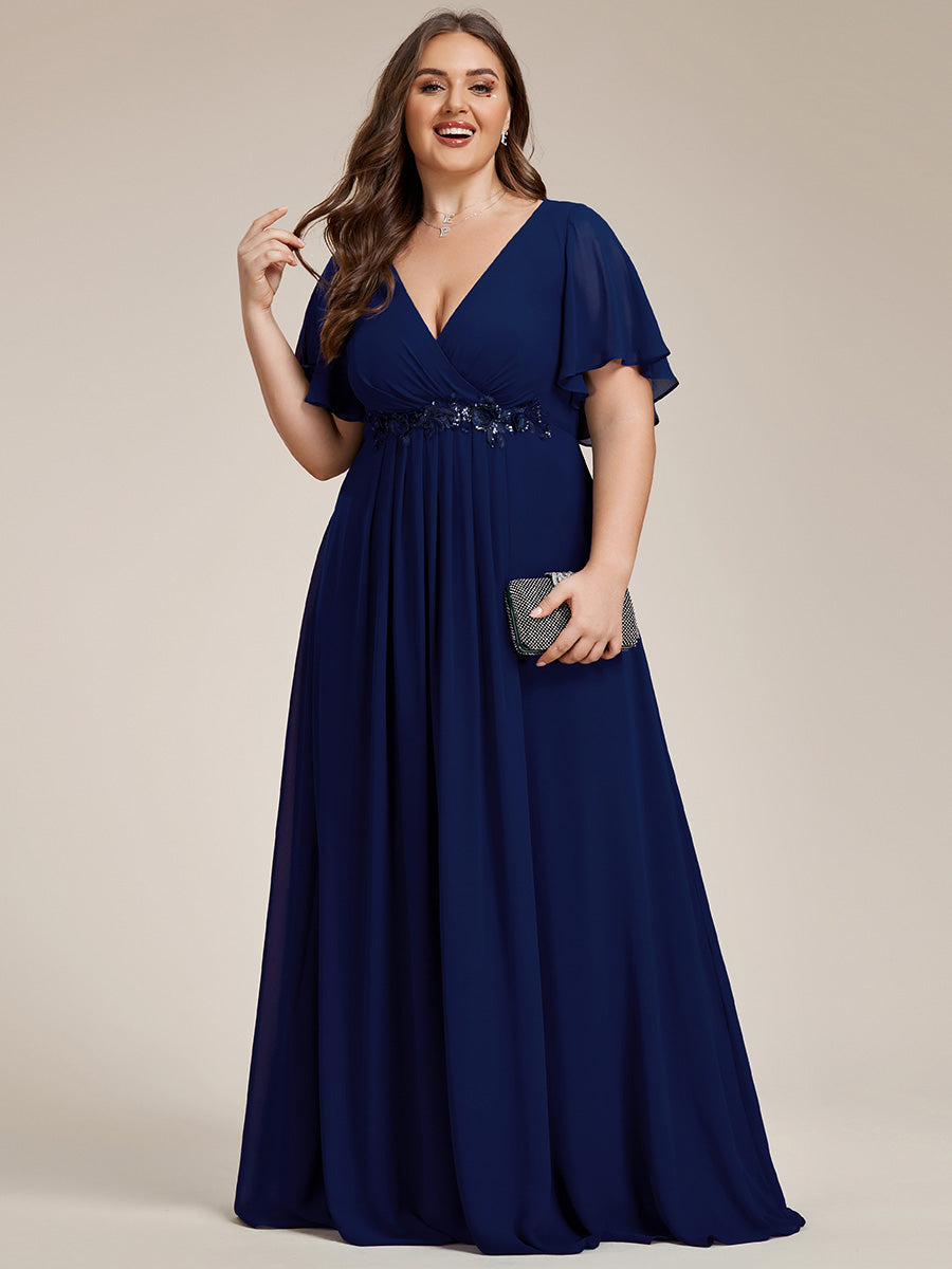 Color=Navy Blue | Wholesale Pricing Short Sleeve Ruffle Appliques Deep V-Neck A-Line Floor Length Evening Dresses-Navy Blue 61