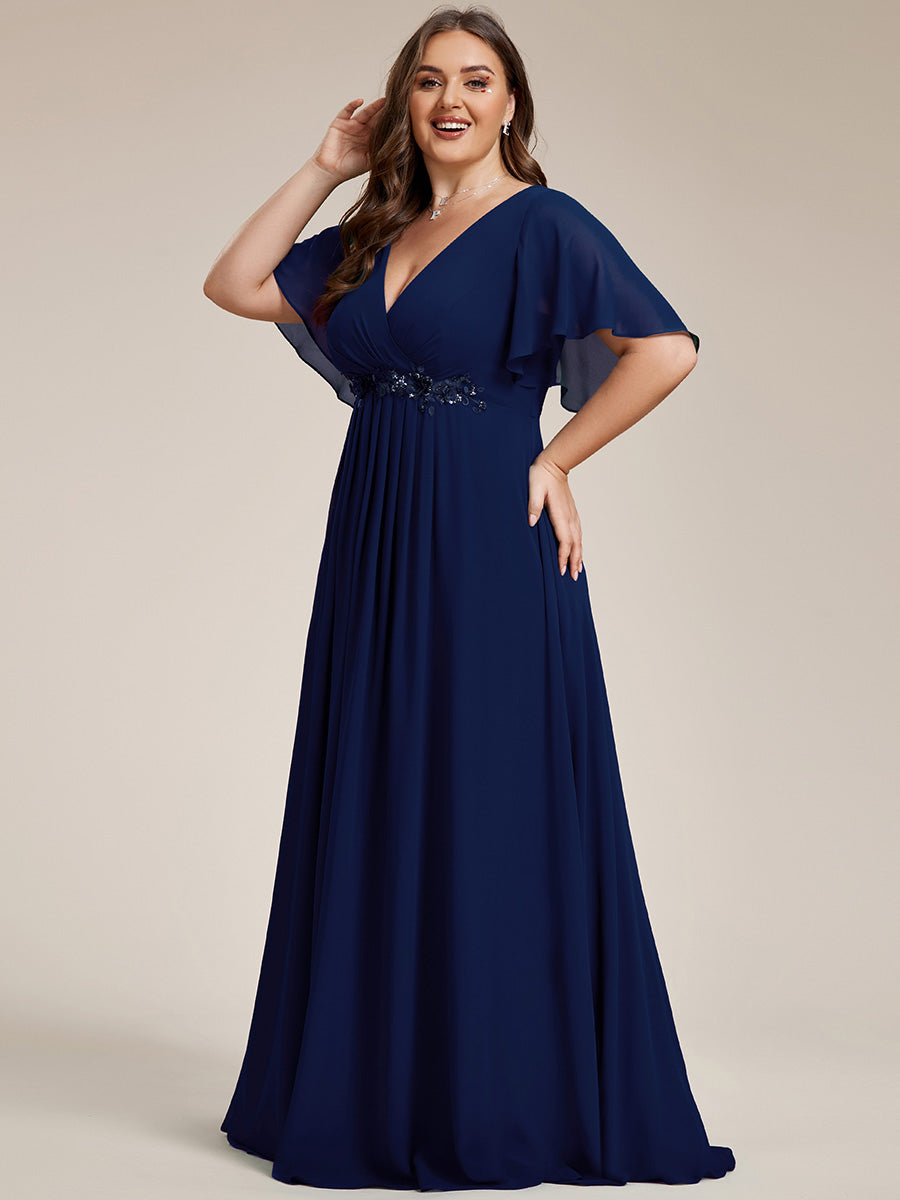 Color=Navy Blue | Wholesale Pricing Short Sleeve Ruffle Appliques Deep V-Neck A-Line Floor Length Evening Dresses-Navy Blue 65