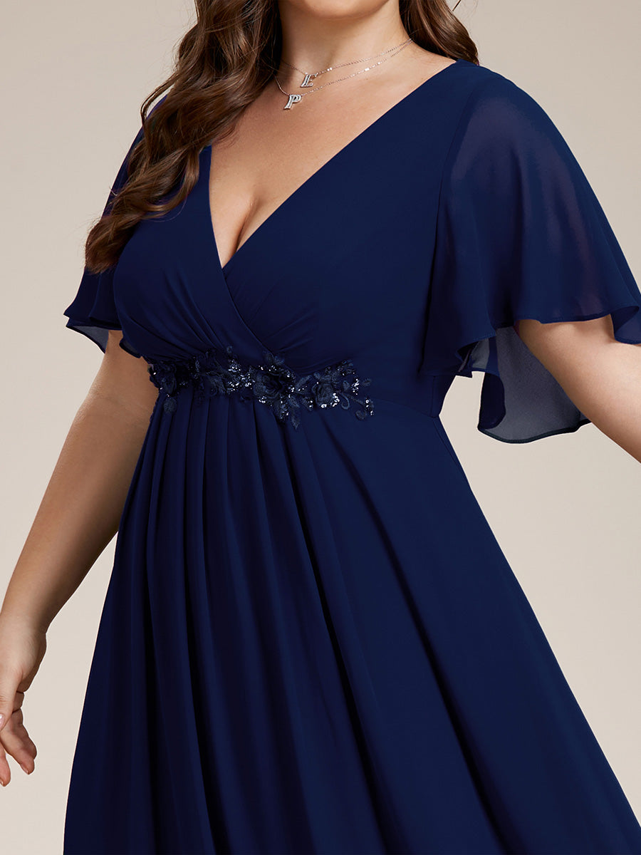 Color=Navy Blue | Wholesale Pricing Short Sleeve Ruffle Appliques Deep V-Neck A-Line Floor Length Evening Dresses-Navy Blue 63