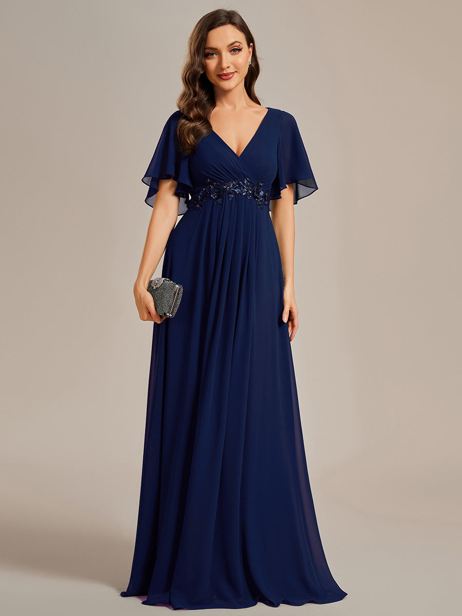 Color=Navy Blue | Wholesale Pricing Short Sleeve Ruffle Appliques Deep V-Neck A-Line Floor Length Evening Dresses-Navy Blue 56