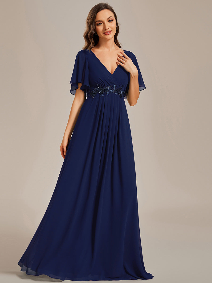 Color=Navy Blue | Wholesale Pricing Short Sleeve Ruffle Appliques Deep V-Neck A-Line Floor Length Evening Dresses-Navy Blue 59