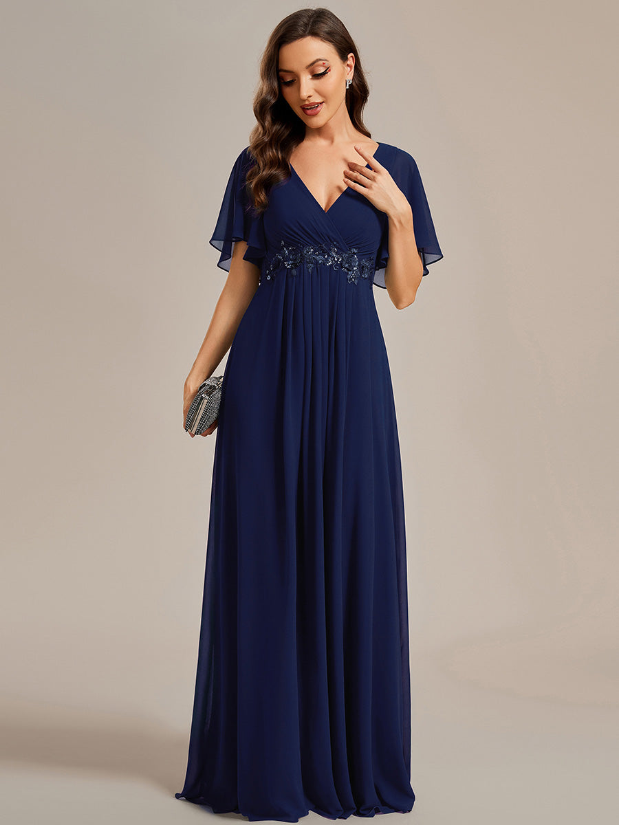 Color=Navy Blue | Wholesale Pricing Short Sleeve Ruffle Appliques Deep V-Neck A-Line Floor Length Evening Dresses-Navy Blue 60