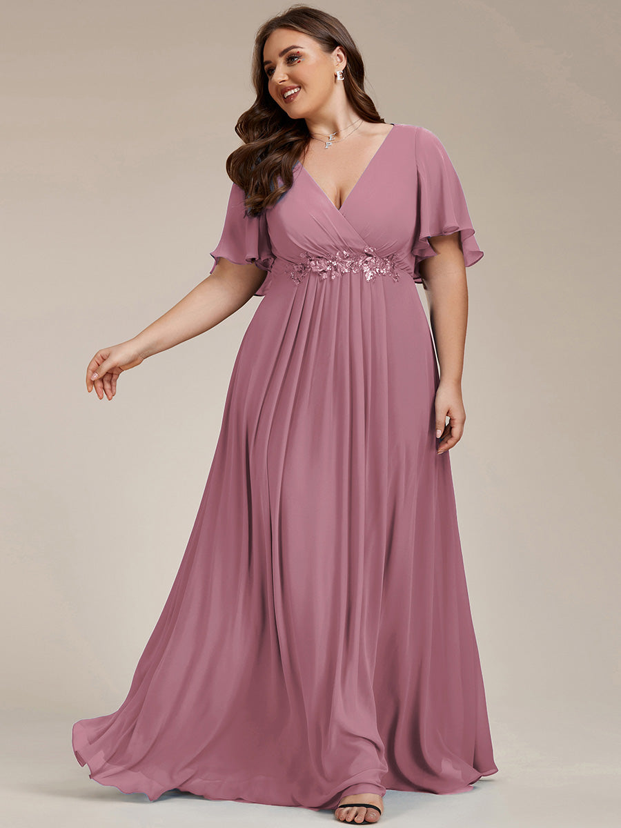Color=Purple Orchid | Wholesale Pricing Short Sleeve Ruffle Appliques Deep V-Neck A-Line Floor Length Evening Dresses-Purple Orchid 71
