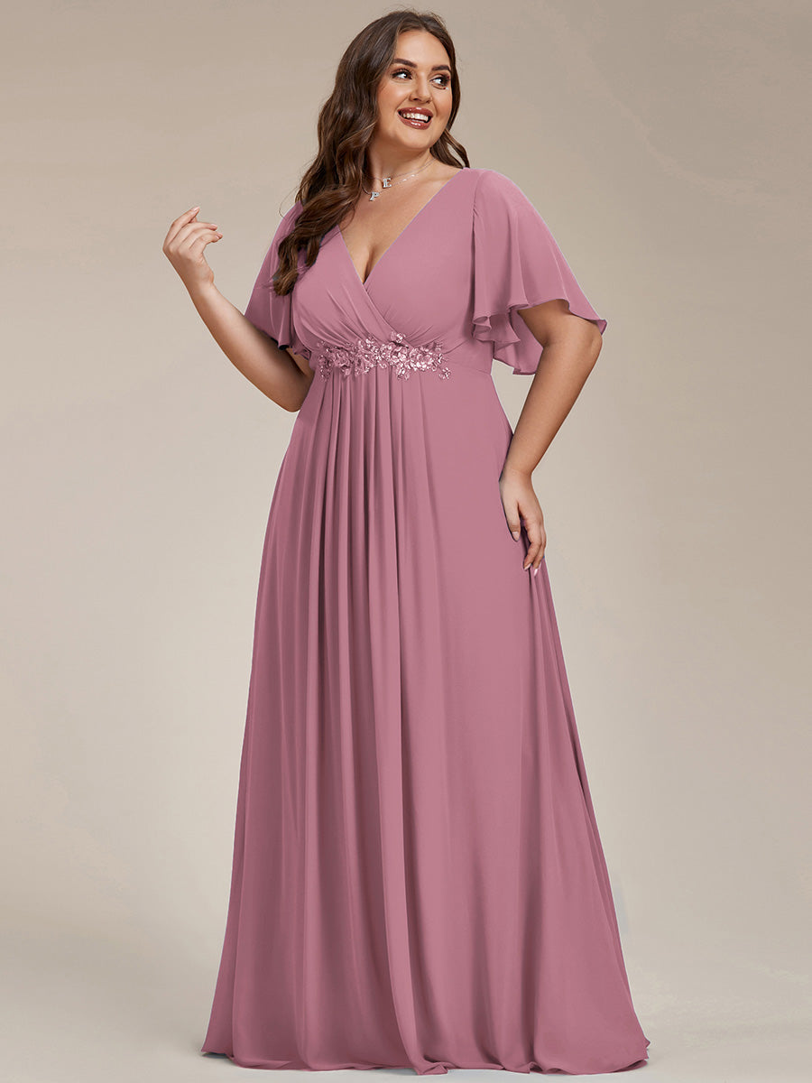Color=Purple Orchid | Wholesale Pricing Short Sleeve Ruffle Appliques Deep V-Neck A-Line Floor Length Evening Dresses-Purple Orchid 74