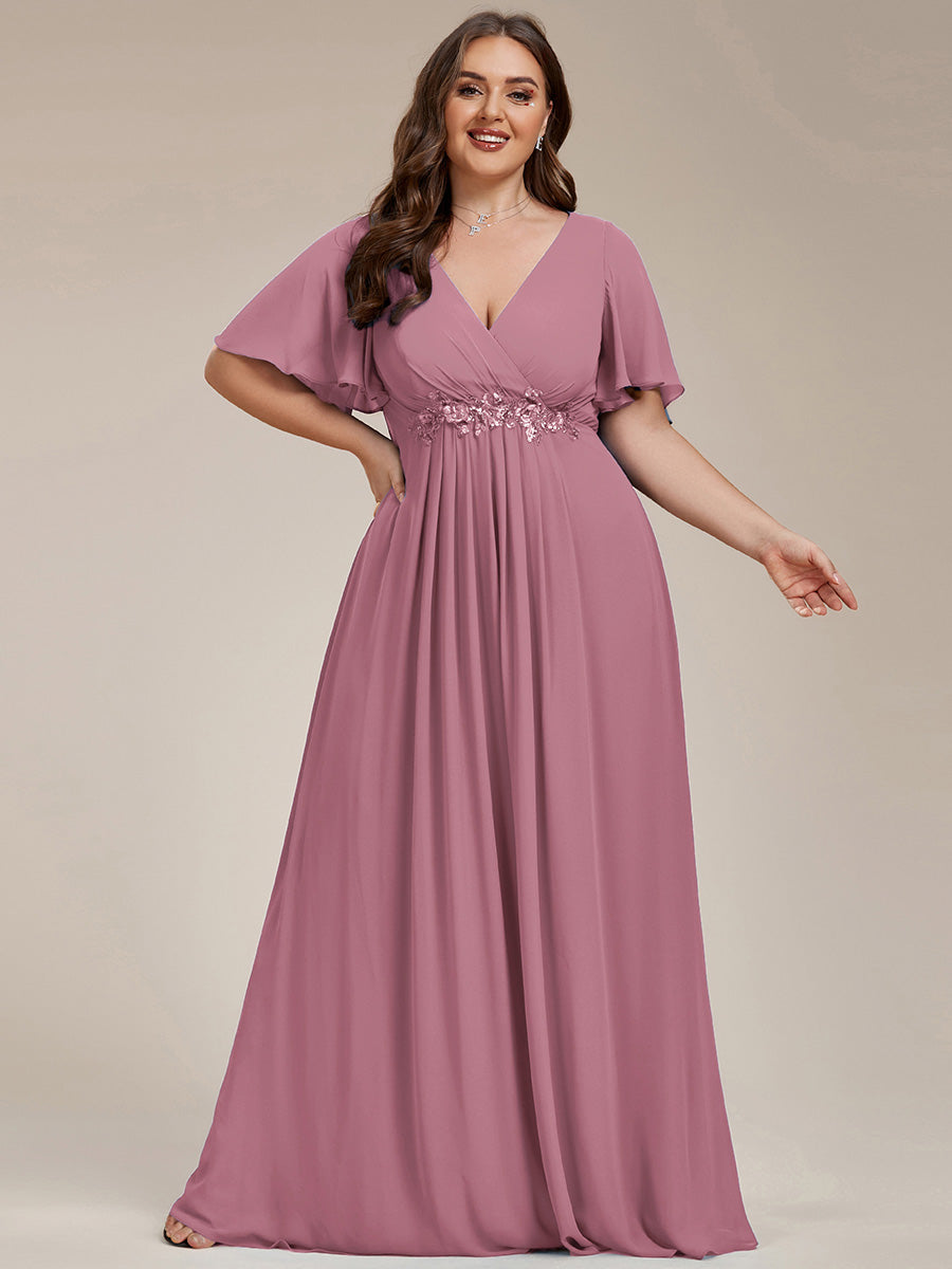 Color=Purple Orchid | Wholesale Pricing Short Sleeve Ruffle Appliques Deep V-Neck A-Line Floor Length Evening Dresses-Purple Orchid 75
