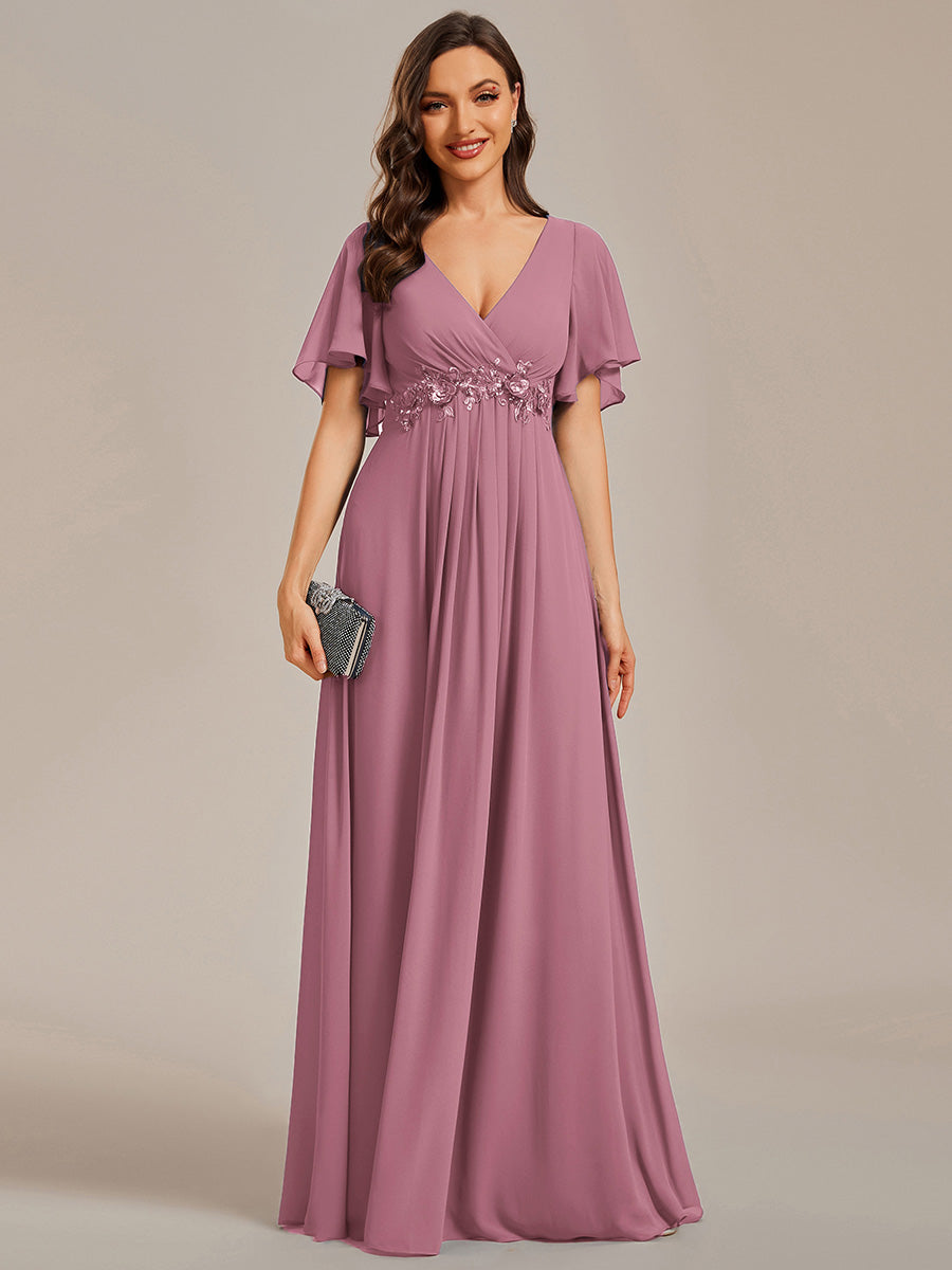 Color=Purple Orchid | Wholesale Pricing Short Sleeve Ruffle Appliques Deep V-Neck A-Line Floor Length Evening Dresses-Purple Orchid 66