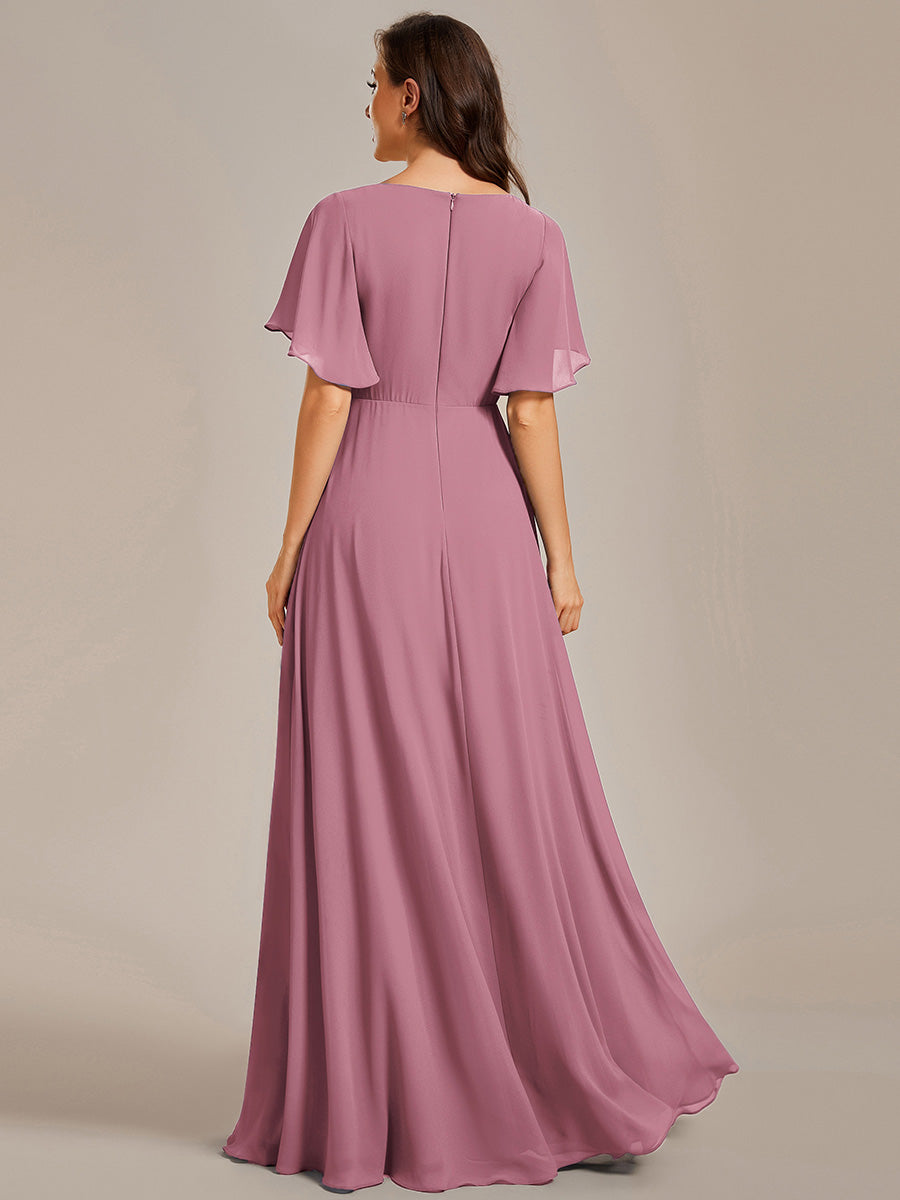 Color=Purple Orchid | Wholesale Pricing Short Sleeve Ruffle Appliques Deep V-Neck A-Line Floor Length Evening Dresses-Purple Orchid 67