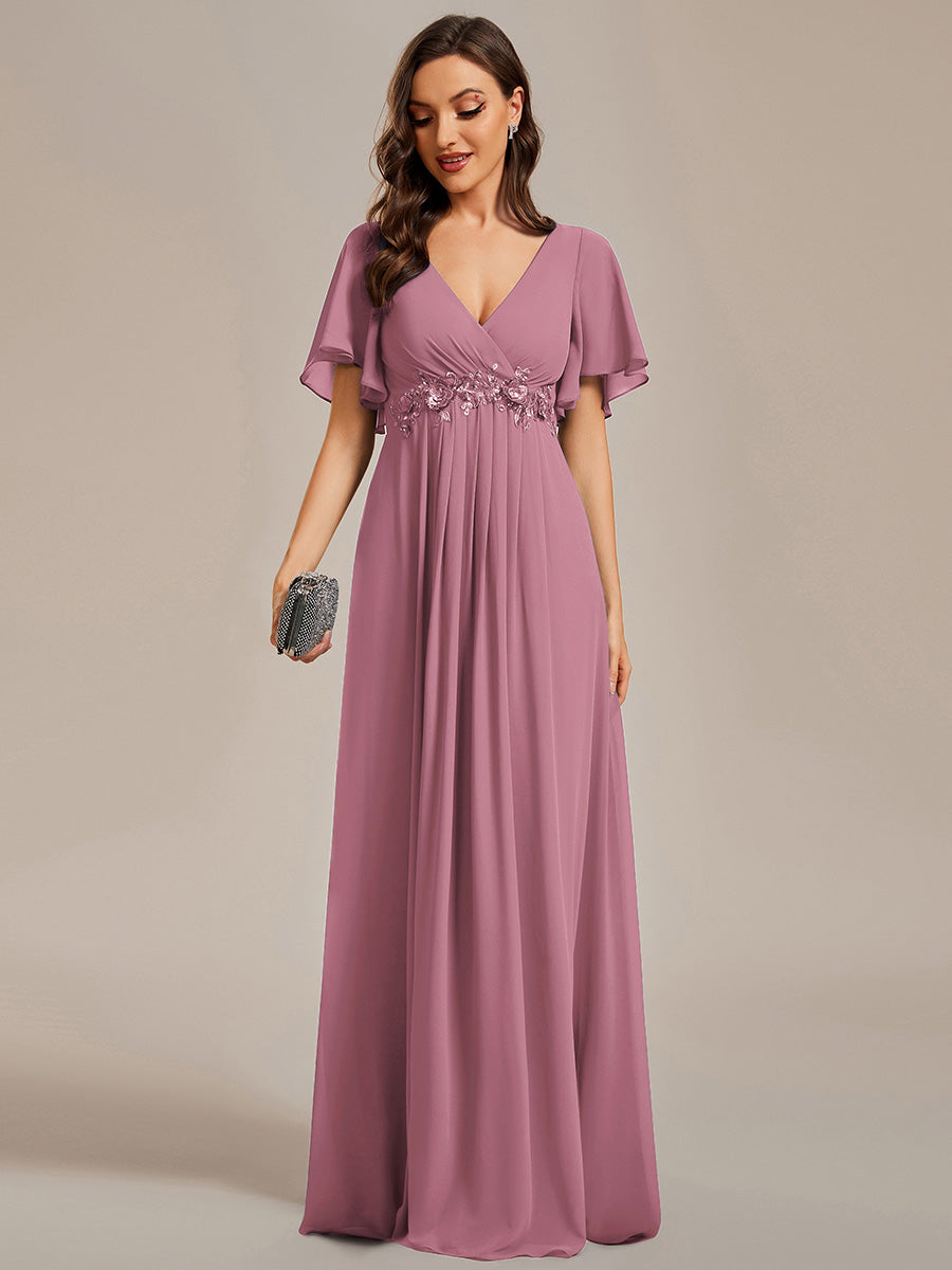 Color=Purple Orchid | Wholesale Pricing Short Sleeve Ruffle Appliques Deep V-Neck A-Line Floor Length Evening Dresses-Purple Orchid 69