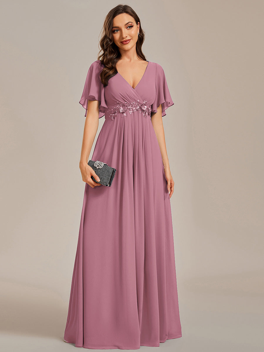 Color=Purple Orchid | Wholesale Pricing Short Sleeve Ruffle Appliques Deep V-Neck A-Line Floor Length Evening Dresses-Purple Orchid 70
