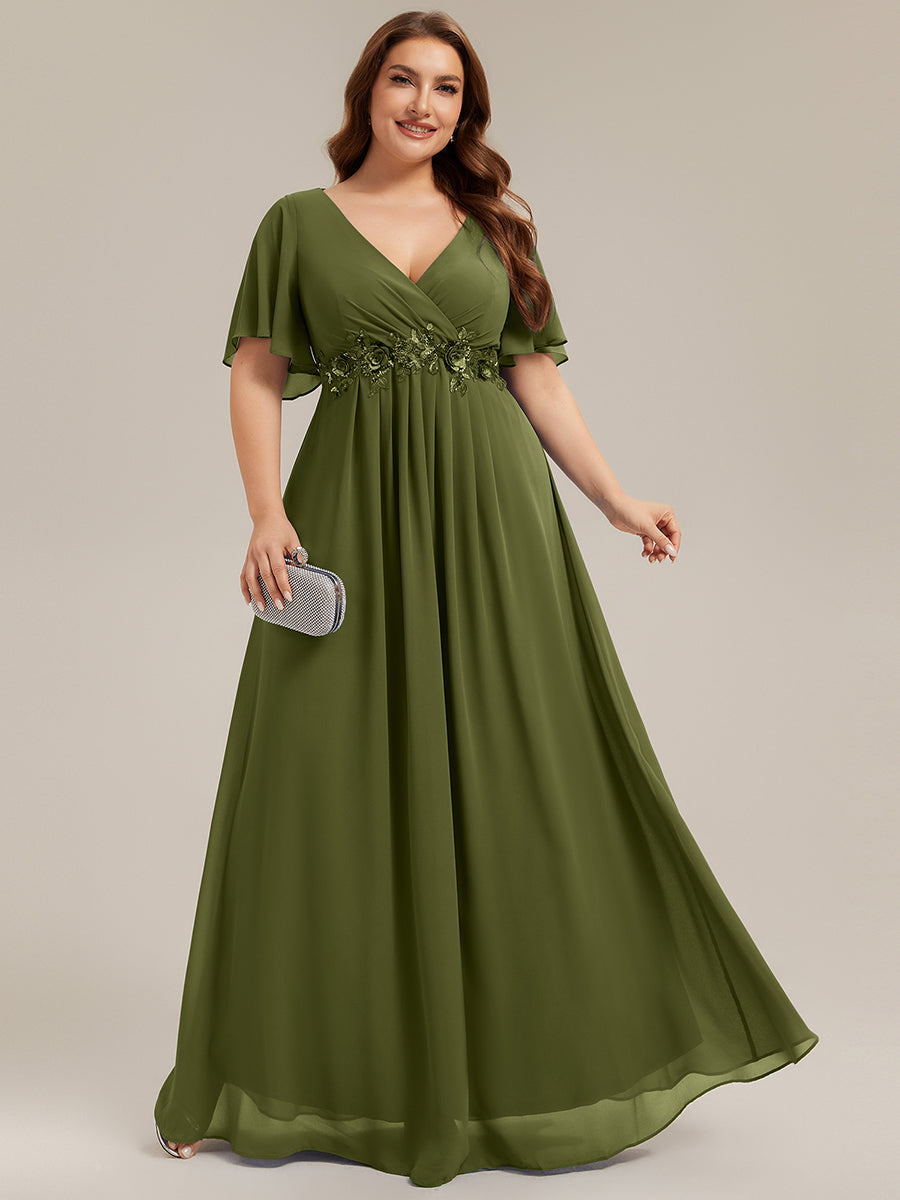 Color=Olive Green | Industrial Use Short Sleeve Ruffle A-Line Floor Length Non-Stretch Evening Dresses-Olive Green 26