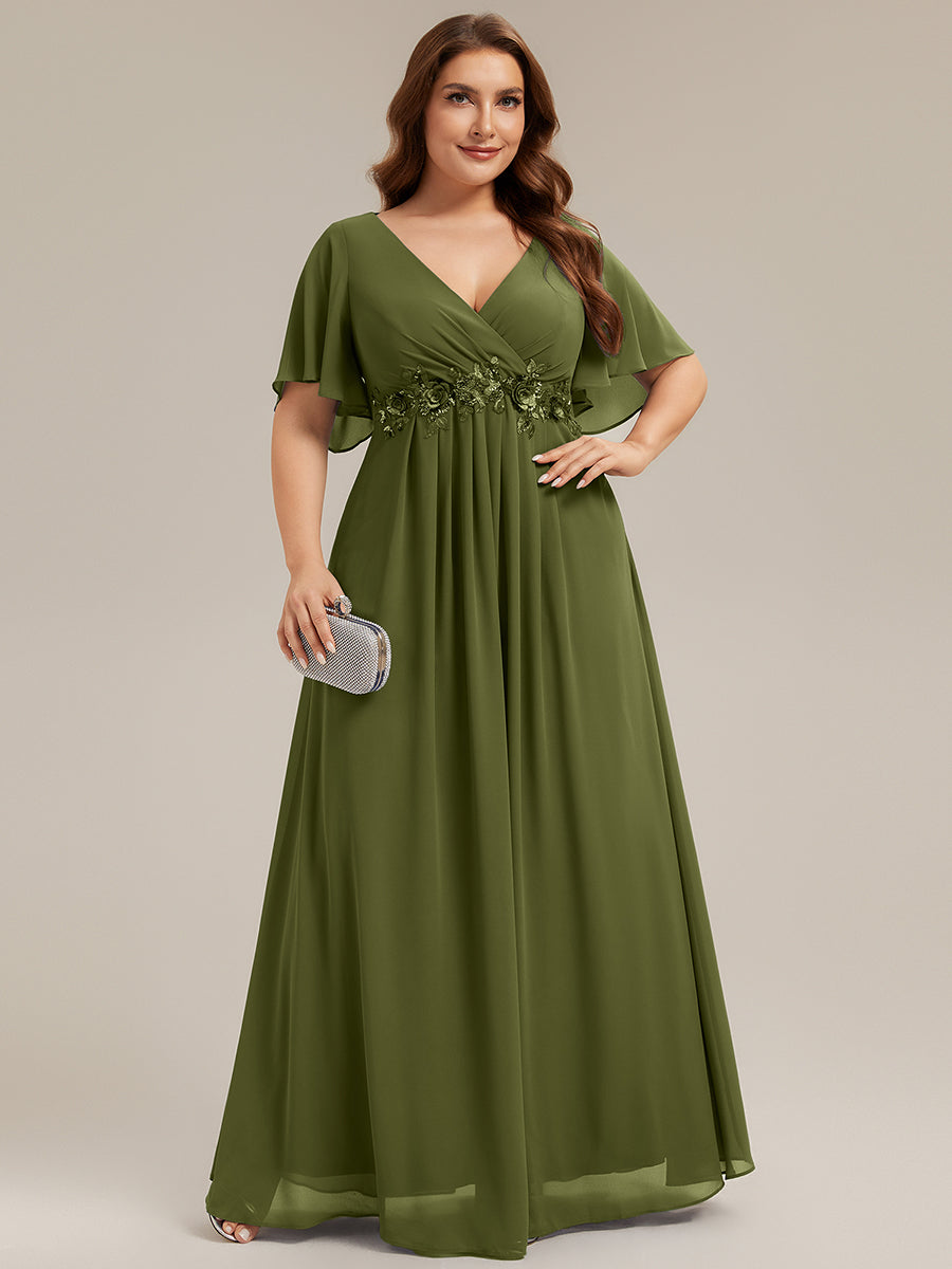 Color=Olive Green | Industrial Use Short Sleeve Ruffle A-Line Floor Length Non-Stretch Evening Dresses-Olive Green 30