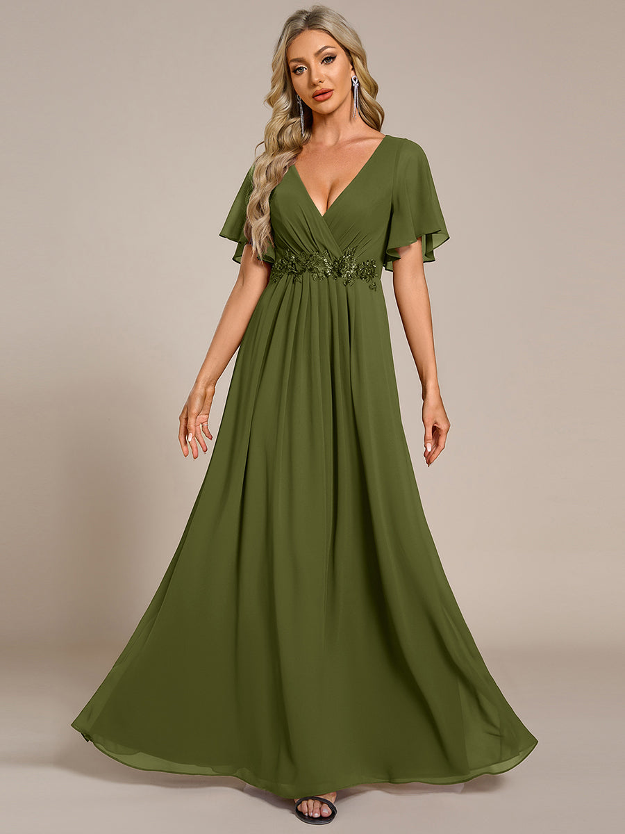 Color=Olive Green | Industrial Use Short Sleeve Ruffle A-Line Floor Length Non-Stretch Evening Dresses-Olive Green 21