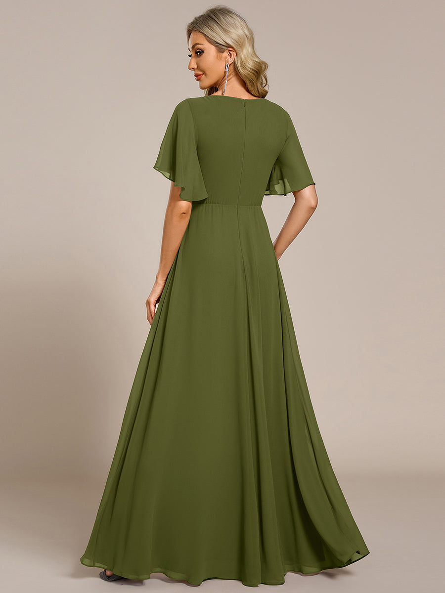 Color=Olive Green | Industrial Use Short Sleeve Ruffle A-Line Floor Length Non-Stretch Evening Dresses-Olive Green 22