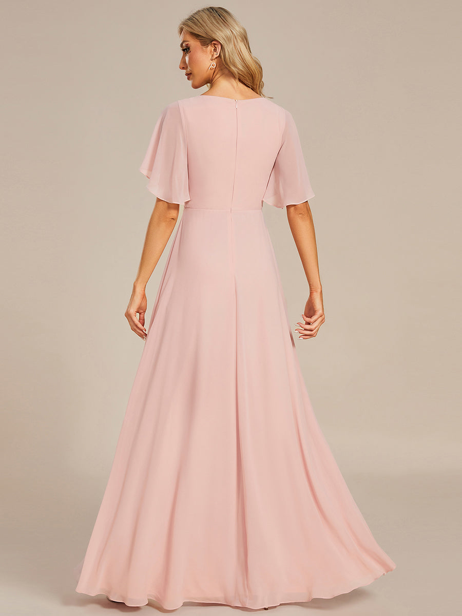 Color=Pink | Wholesale Pricing Short Sleeve Ruffle Appliques Deep V-Neck A-Line Floor Length Evening Dresses-Pink 77